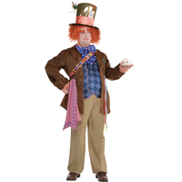 Men's Disney Alice in Wonderland Mad Hatter Brown Outfit with Jacket/Vest/Tie/Hat Halloween Costume, Assorted Sizes Front_Angled_Right
