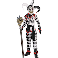 Kids' Sinister Jester Black/White  Jumpsuit with Mask Halloween Costume, Assorted Sizes Front_Flat