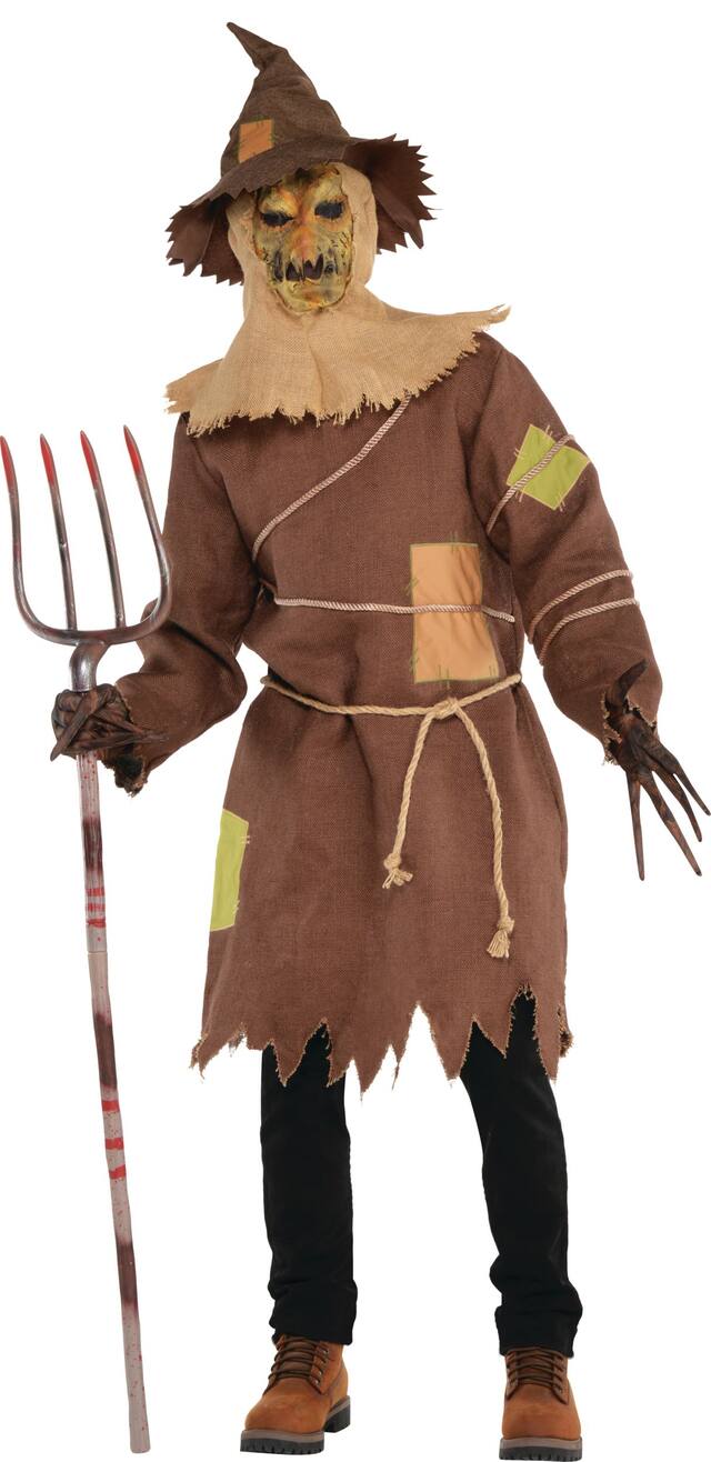 Men's Scary Scarecrow Brown Tunic with Hat/Belt/Gloves Halloween Costume, One Size Front_Flat
