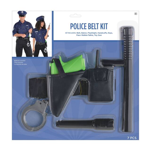 Police Belt Kit with Baton, Handcuffs, Keys, Walkie-Talkie & Toy Gun, Black, One Size, 7-pk, Wearable Costume Accessories for Halloween Front_Flat