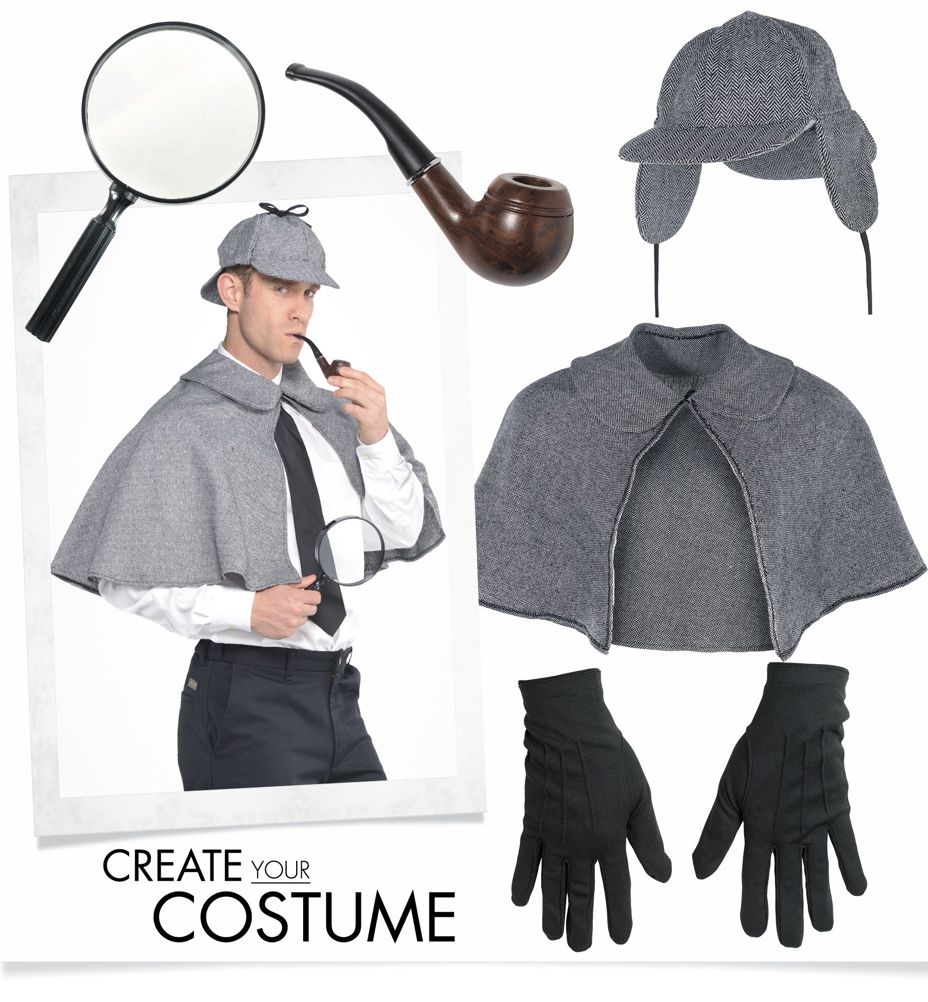 Adult Sherlock Holmes Kit with Cape & Hat, Grey, One Size, 2-pk, Wearable Costume Accessories for Halloween Front_Flat