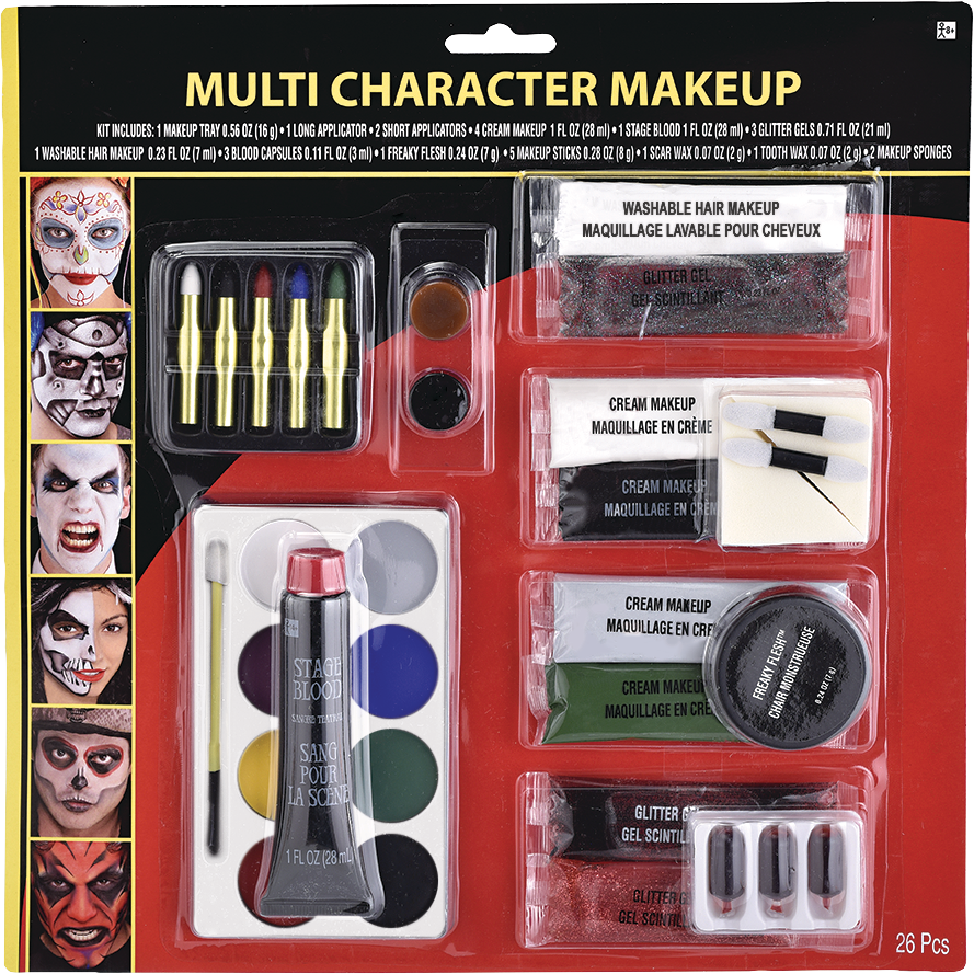 MultiCharacter Face & Body Makeup Kit with Fake Blood, MultiColoured, One Size, 26pk, Costume