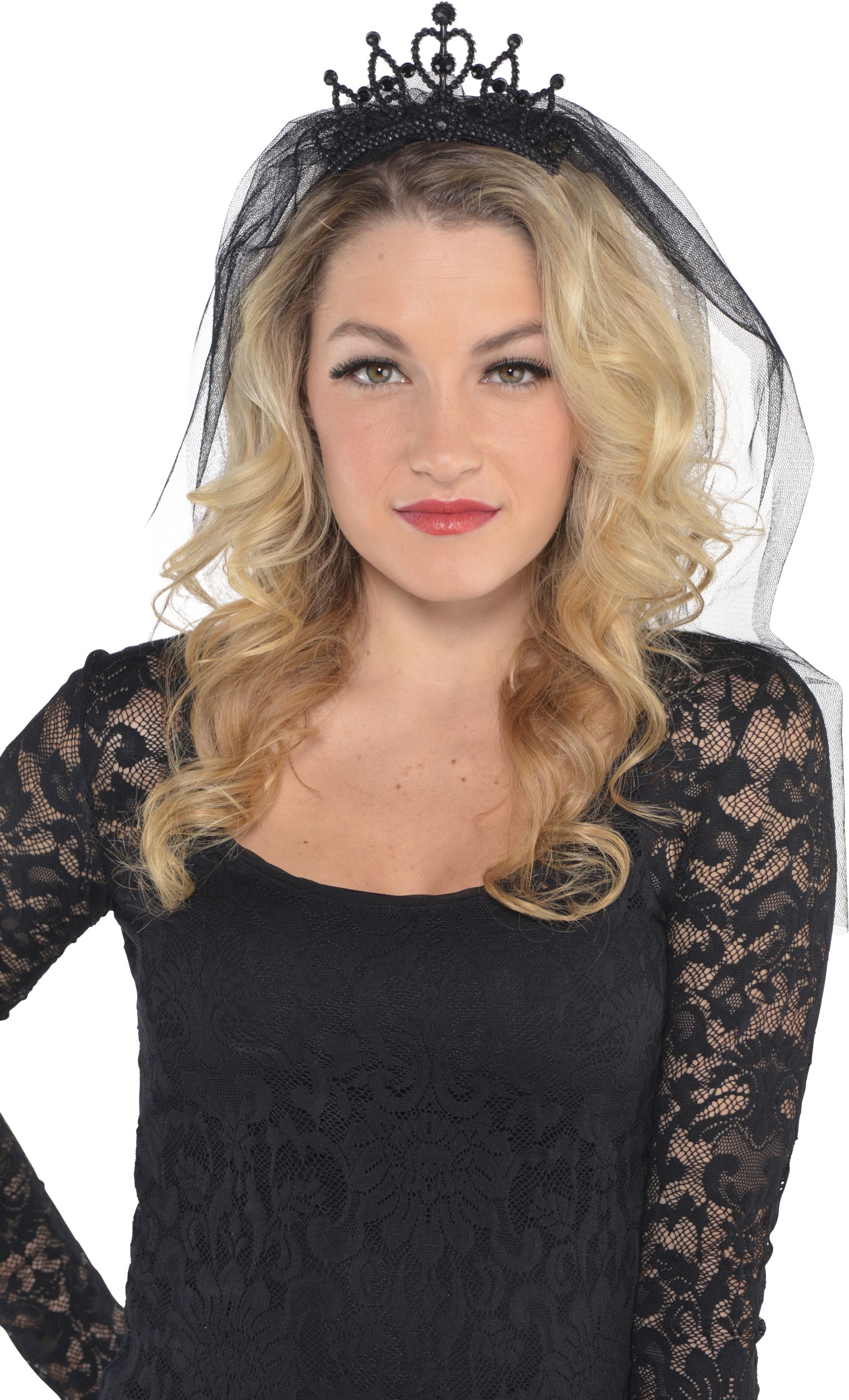 Tiara with Black Veil, Adult, One Size Front_Flat