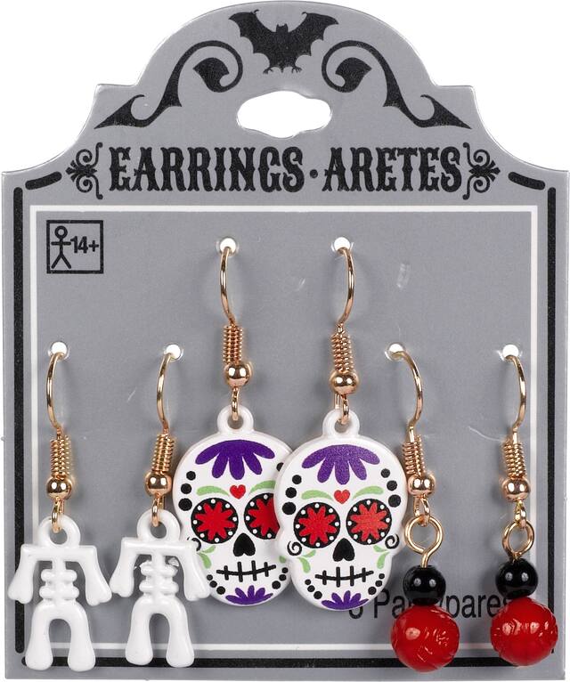 Skeleton & Sugar Skulls Halloween Earrings Set, 6-pc Front_Flat
