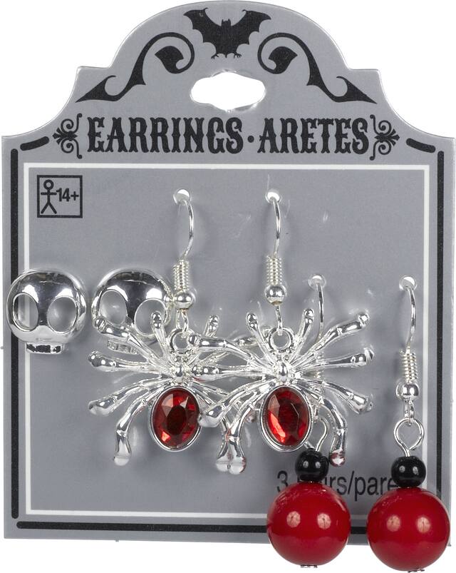 Skull Face & Red Spider Halloween Earrings Set, 6-pc Front_Flat