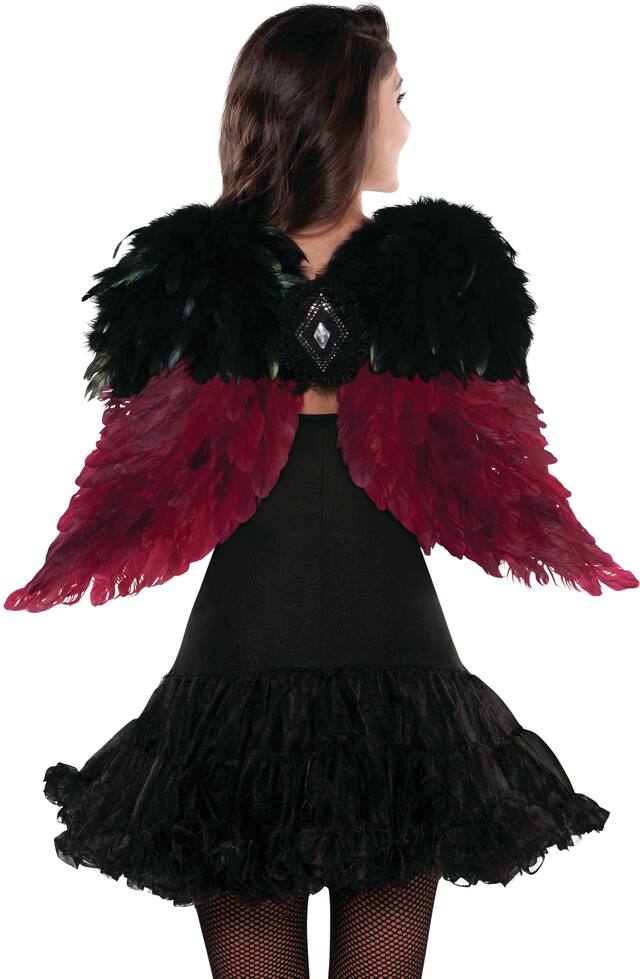 Ailes en plumes écarlates d'ange déchu tournées vers le bas, rouge/noir, taille unique, accessoire de costume à porter pour l'Halloween Back_Flat