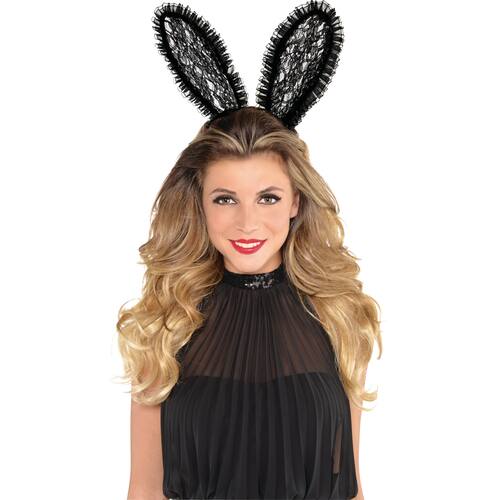 Lace Bunny Ears Headband, Black, One Size, Wearable Costume Accessory for Halloween