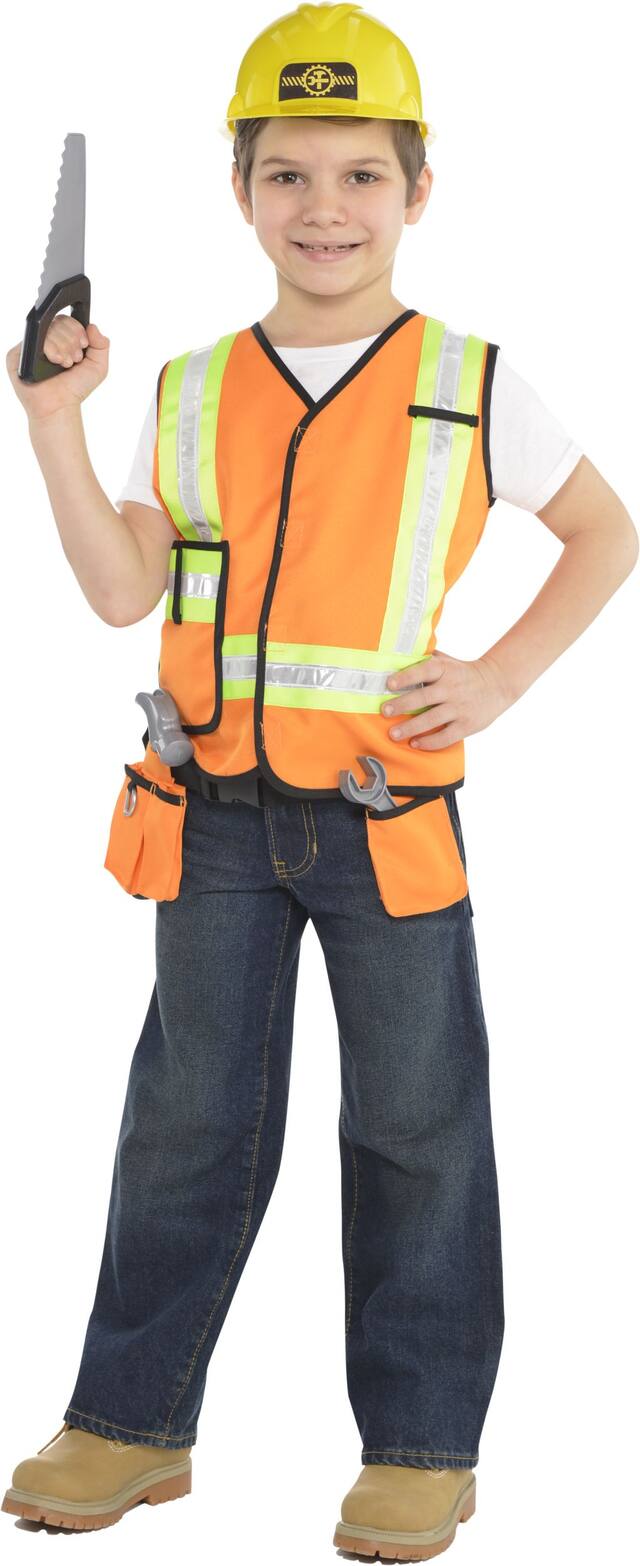 Kids' Construction Worker Orange Outfit with Vest & Tool Belt Halloween Costume, Assorted Sizes Front_Angled_Left