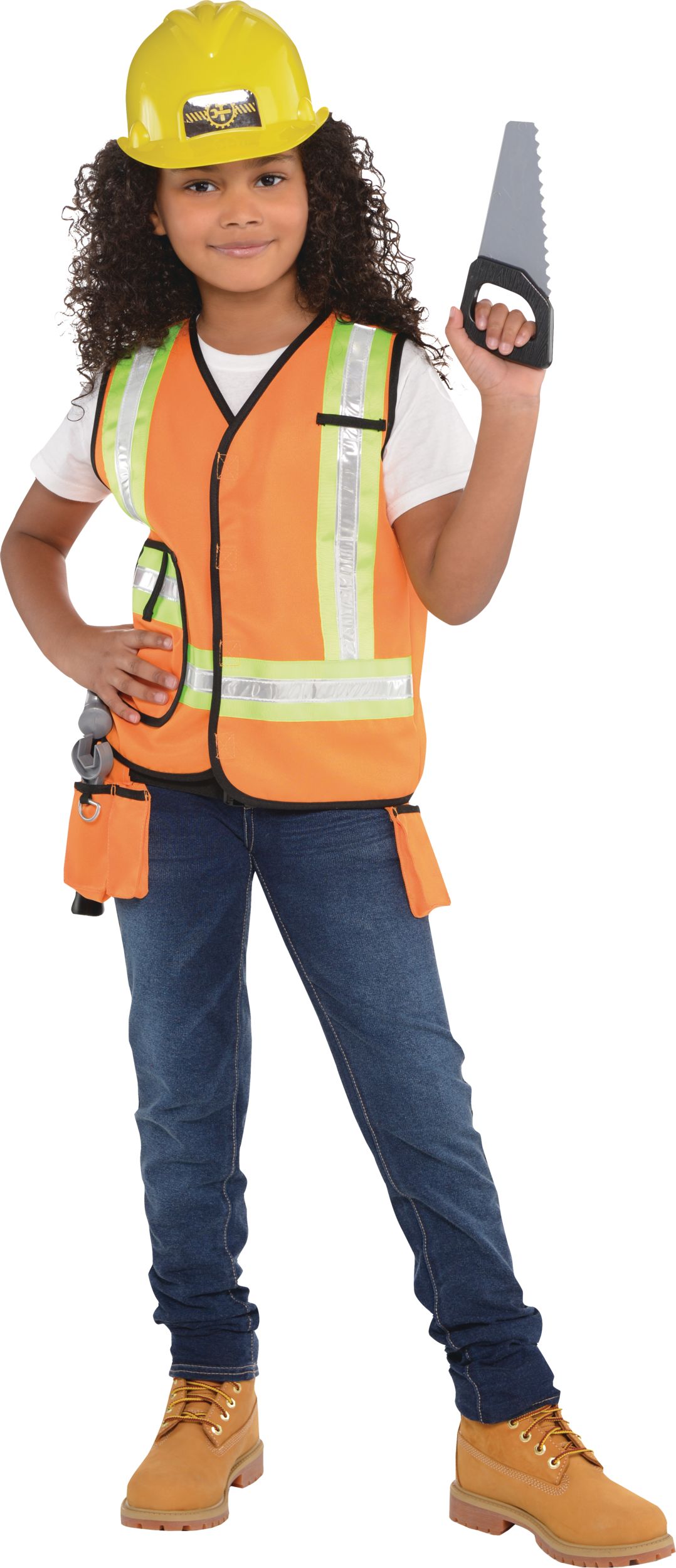 Costume de travailleur de la construction pour enfants, orange, veste et ceinture à outils, choix de tailles Front_Angled_Left