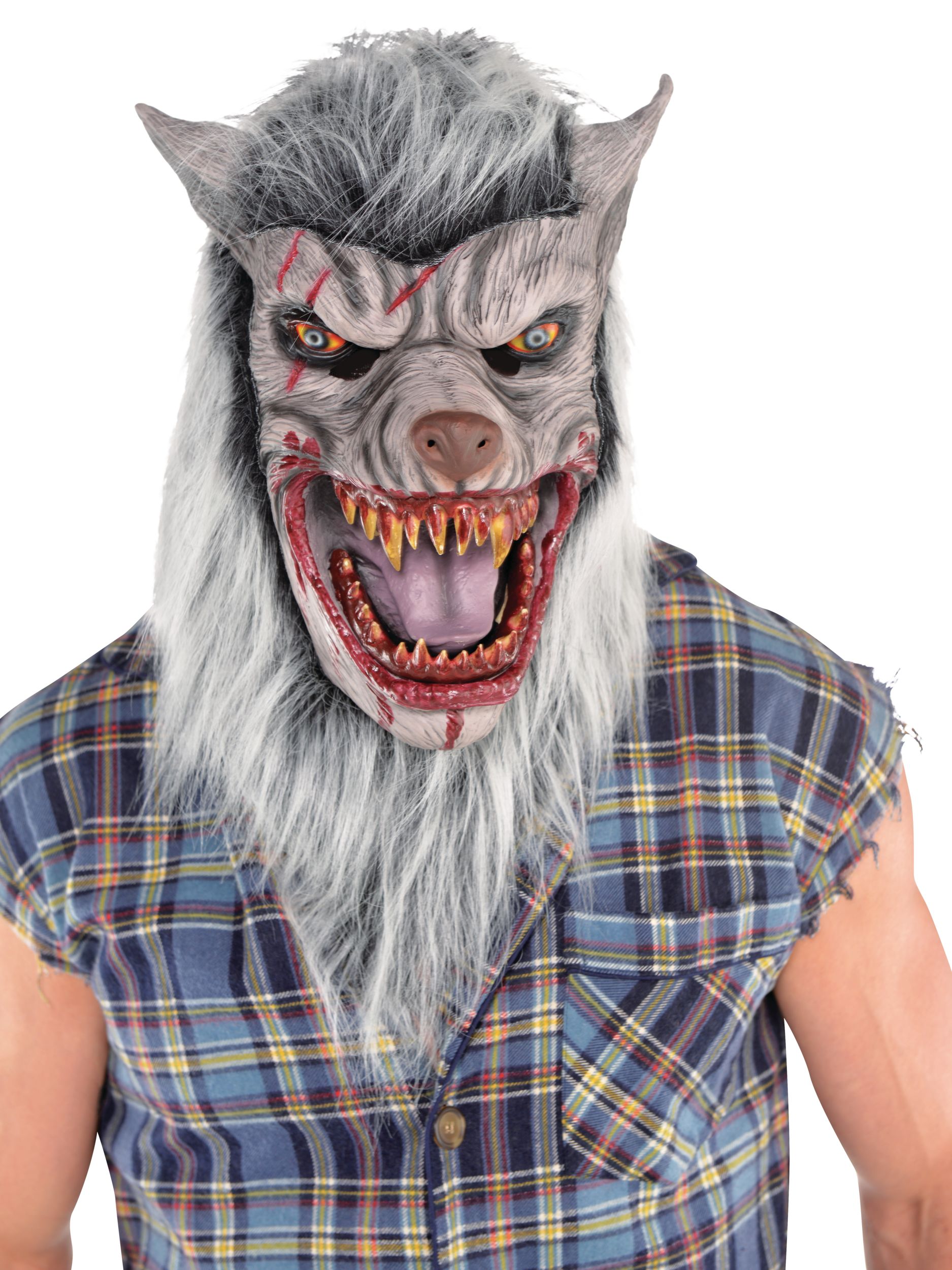 Werewolf Furry Bloody Mask with Hair, Grey, One Size, Wearable Costume Accessory for Halloween Front_Flat