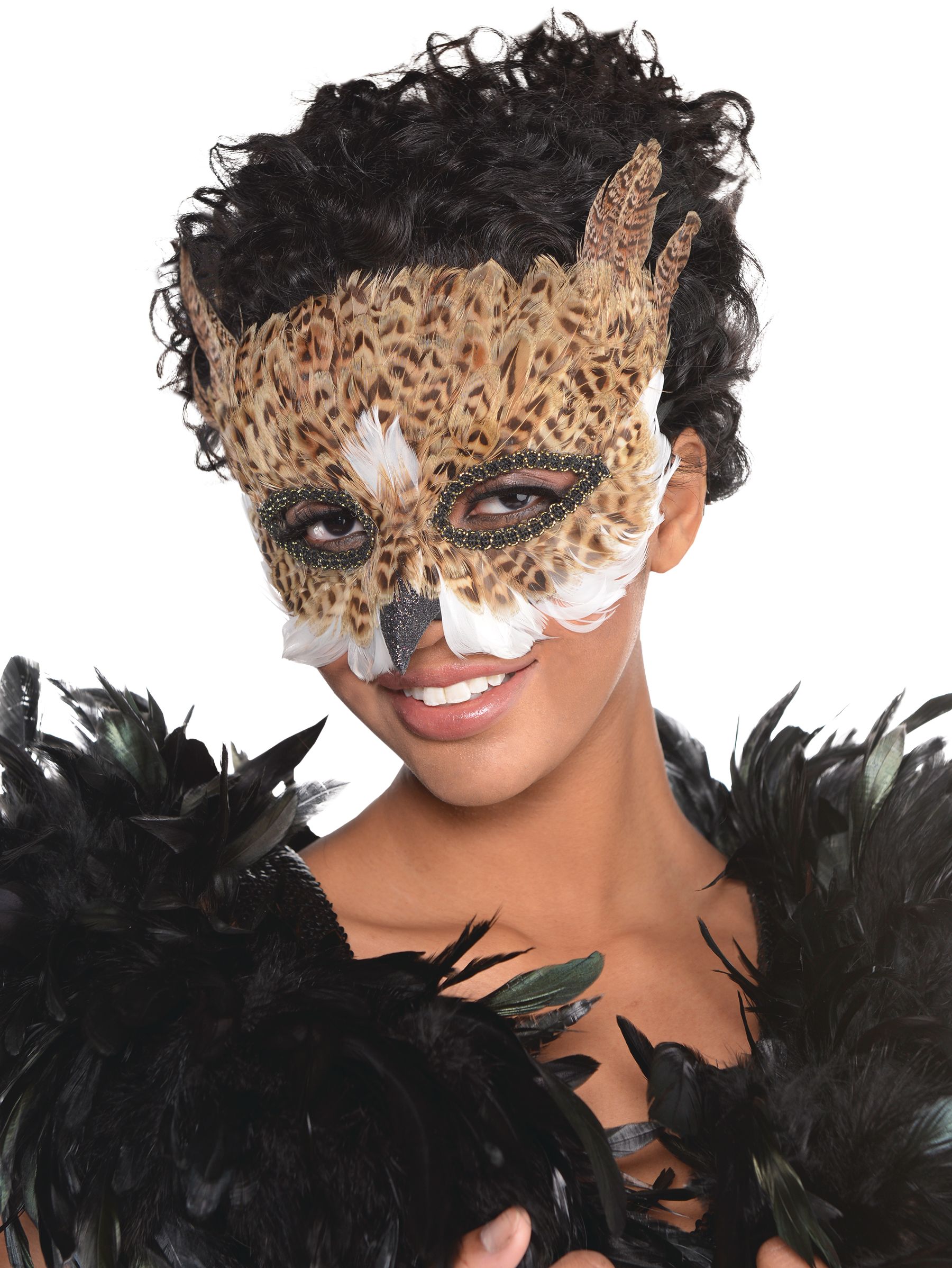 Masque en plumes de hibou brun Front_Angled_Left