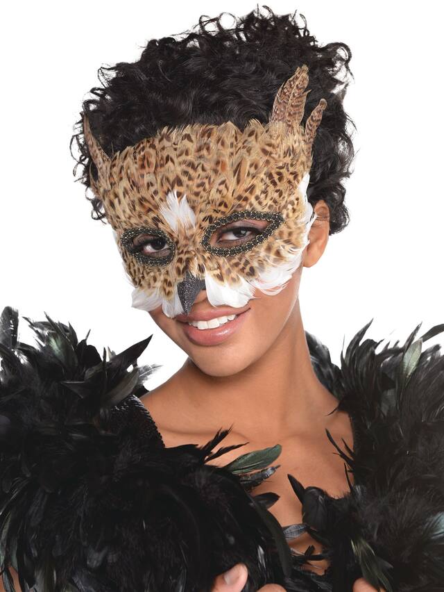 Brown Owl Feather Party Mask Front_Angled_Left