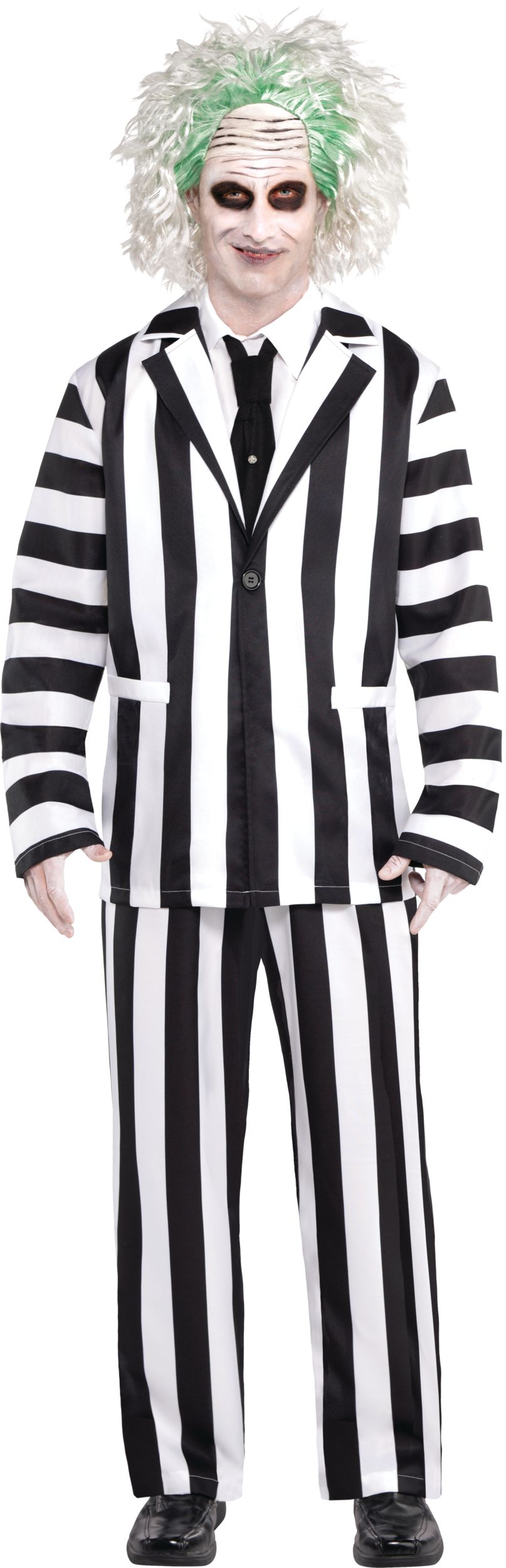 Men's Beetlejuice Black/White Striped Suit with Tie Halloween Costume, One Size Front_Flat