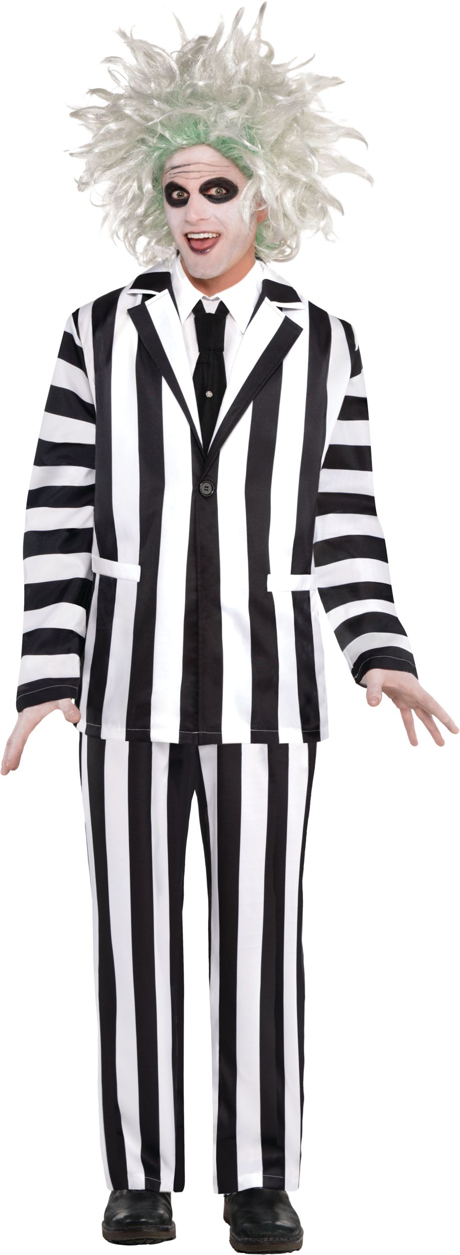 Men's Beetlejuice Black/White Striped Suit with Tie Halloween Costume, One Size Front_Flat
