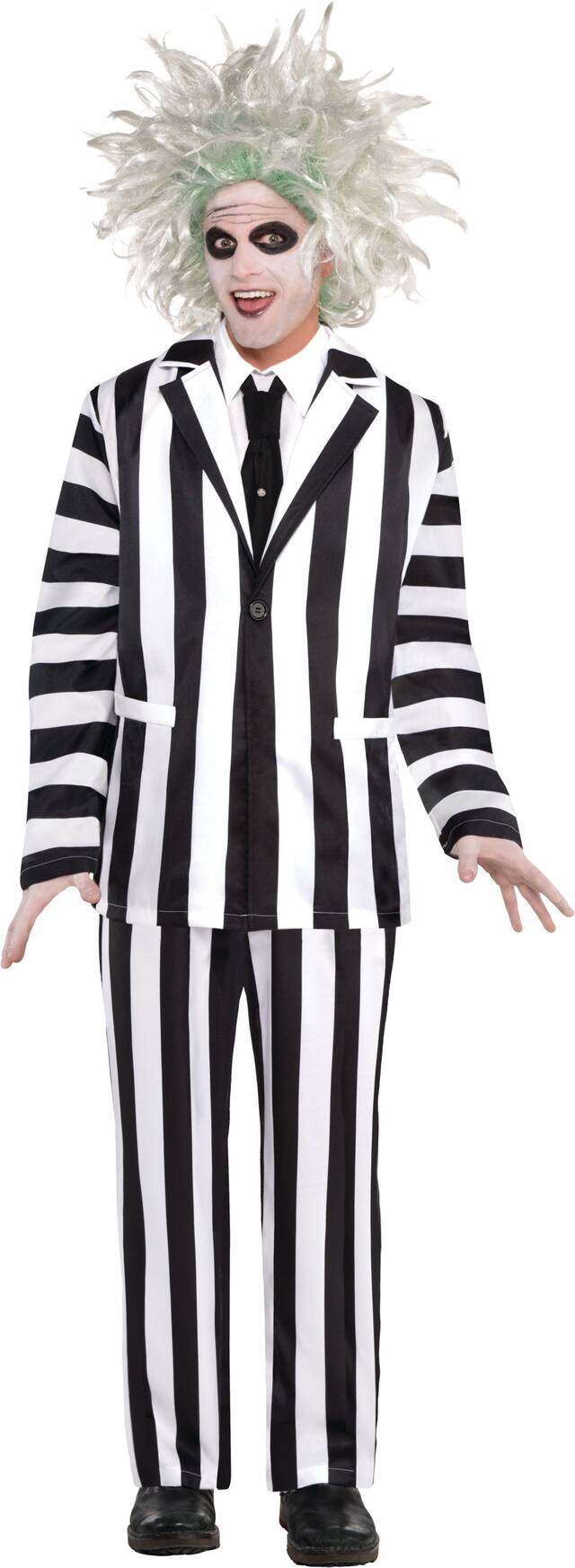Costume Beetlejuice, hommes, tenue rayée noir/blanc avec cravate, taille universelle Front_Flat