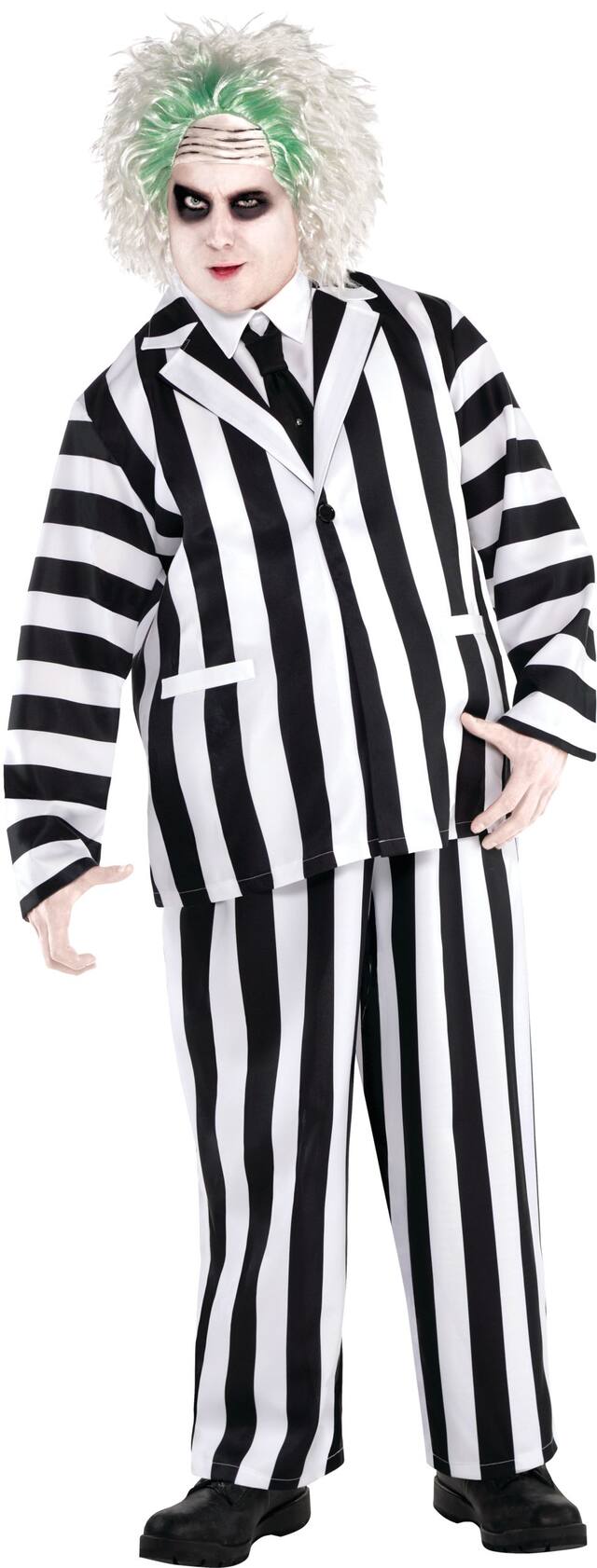 Men's Beetlejuice Black/White Striped Suit with Tie Halloween Costume, Plus Size Front_Flat