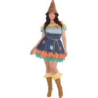 Women's The Wizard of Oz Scarecrow Blue Dress with Hat/Belt/Boot Covers Halloween Costume, Plus Size Front_Flat
