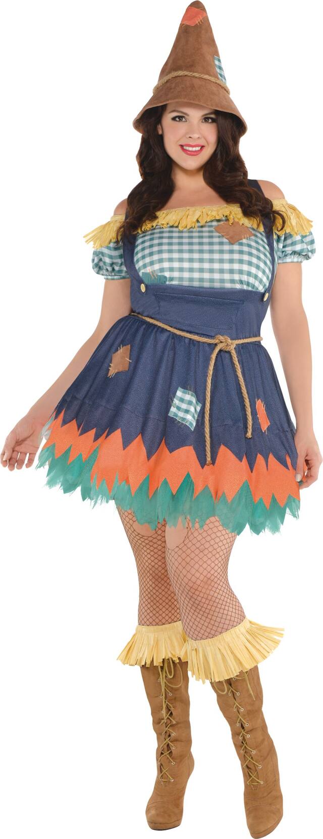 Women's The Wizard of Oz Scarecrow Blue Dress with Hat/Belt/Boot Covers Halloween Costume, Plus Size Front_Flat