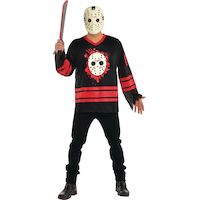 Adult Friday the 13th Jason Voorhees Mesh Jersey & Hockey Mask, Black/White Striped, Assorted Sizes, 2-pk, Wearable Costume Accessories for Halloween Front_Flat