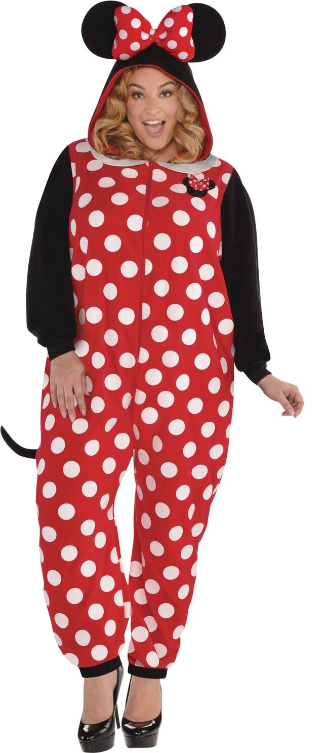 Women's Disney Minnie Mouse Red/White Polka Dot Jumpsuit with Ears & Tail Halloween Costume, Plus Size Front_Flat