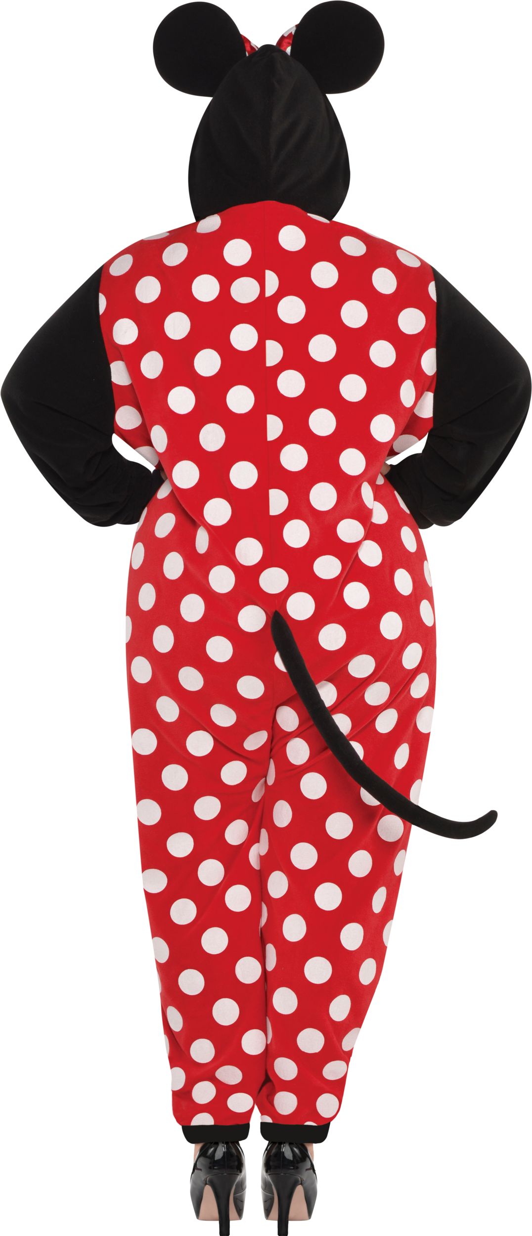 Women's Disney Minnie Mouse Red/White Polka Dot Jumpsuit with Ears & Tail Halloween Costume, Plus Size Back_Flat