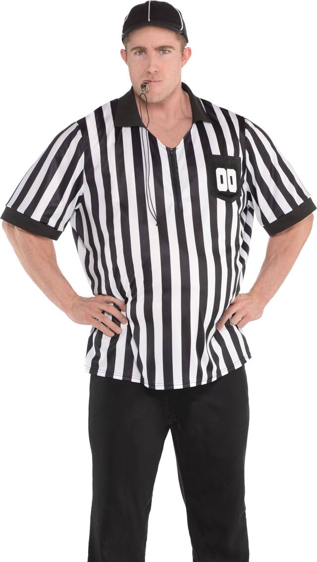 Accessoires d'arbitre de sports pour adulte avec t-shirt, casquette et sifflet, rayures noires/blanches, taille unique, paq. 3 accessoires de costume à porter pour l'Halloween Front_Flat