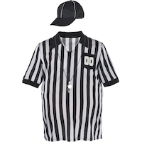 Accessoires d'arbitre de sports pour adulte avec t-shirt, casquette et sifflet, rayures noires/blanches, taille unique, paq. 3 accessoires de costume à porter pour l'Halloween Front_Flat