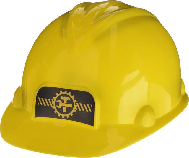 Casque de protection en plastique de travailleur de la construction, motif d'outils, jaune, taille unique, accessoire de costume à porter pour l'Halloween Front_Angled_Left