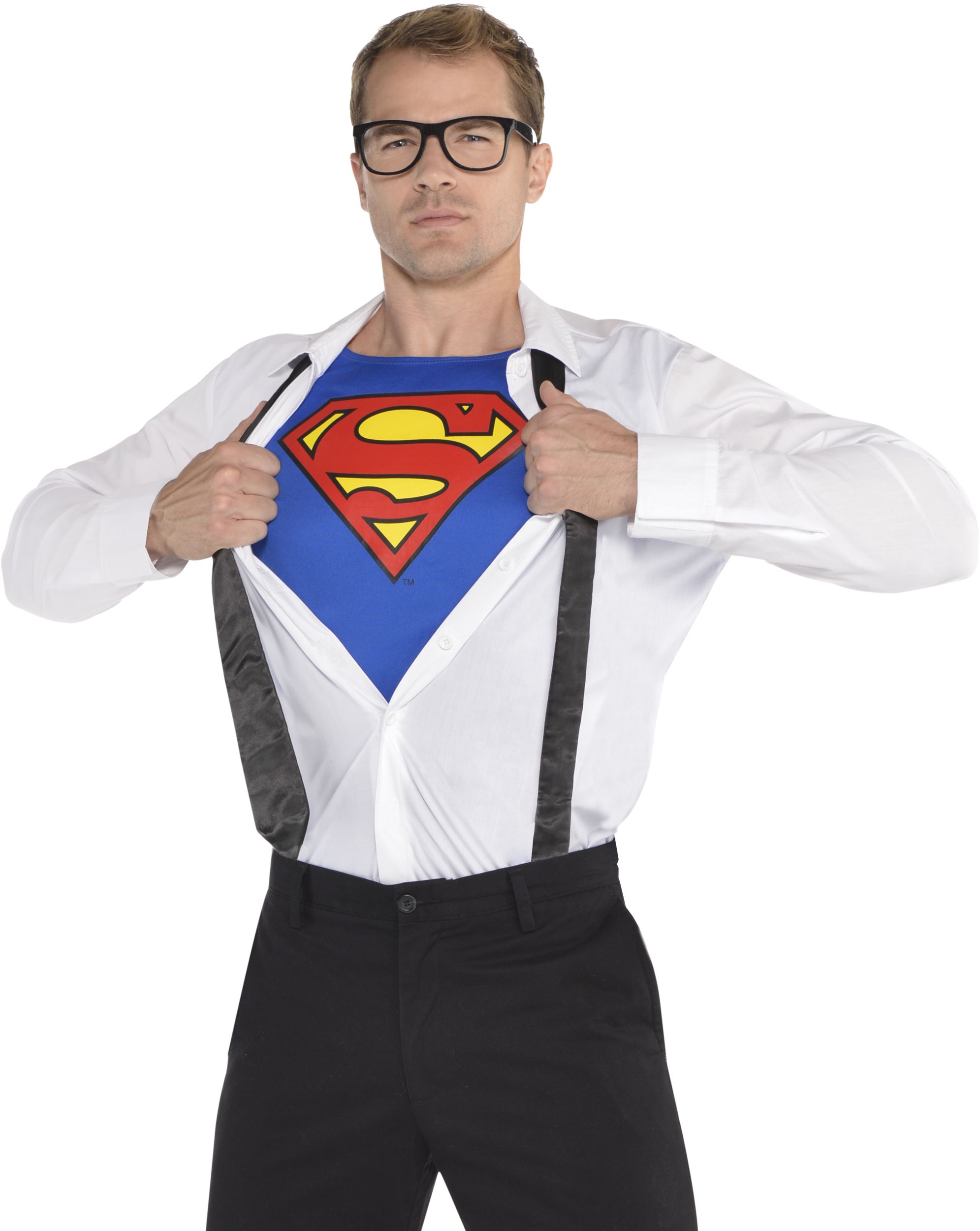DC Superman Clark Kent Glasses, Tie & Shirt Kit, Black/White, One Size, 3-pk, Wearable Costume Accessories for Halloween Front_Angled_Left