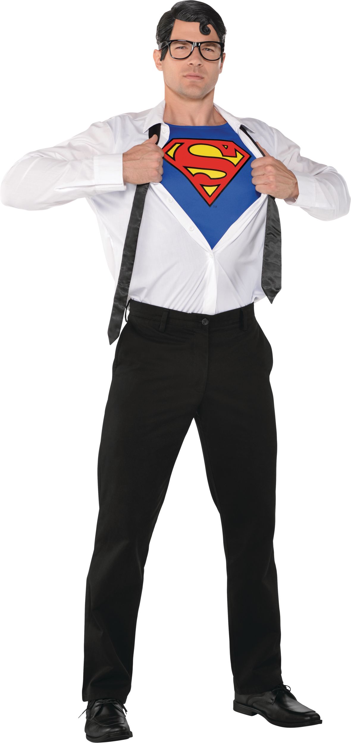DC Superman Clark Kent Glasses, Tie & Shirt Kit, Black/White, One Size, 3-pk, Wearable Costume Accessories for Halloween Front_Angled_Right