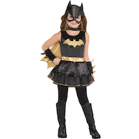 Costume DC Batgirl, enfants, robe noire avec cape/masque/gants/jambières, tailles variées Front_Flat
