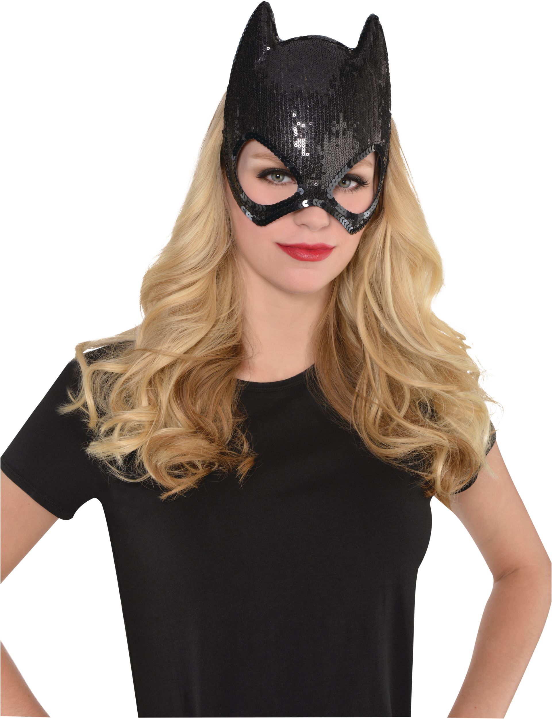 DC Batgirl Sequin Half Face Mask, Black, One Size, Wearable Costume Accessory for Halloween Front_Flat