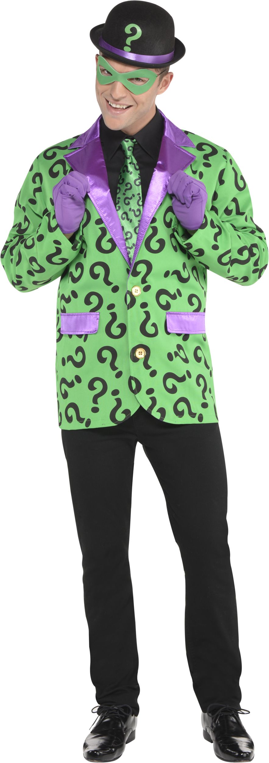 Warner Bros DC Batman The Riddler Kit with Hat, Tie, Gloves & Mask, Green/Purple, One Size, 5-pk, Wearable Costume Accessories for Halloween Front_Flat