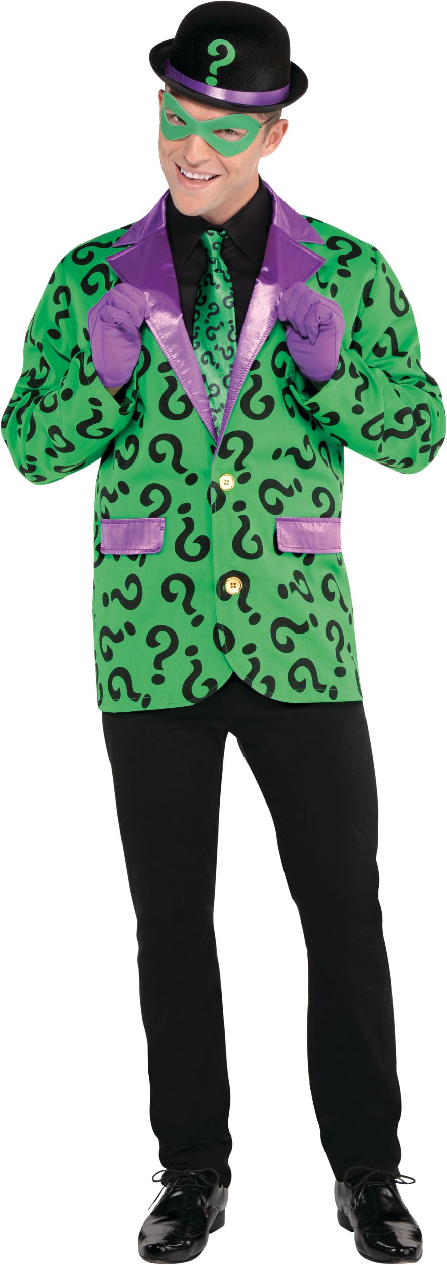 Veste du Sphinx de DC Batman, points d'interrogation verts/violets, taille universelle, accessoire de costume à porter pour l'Halloween Front_Flat