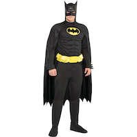 Men's DC Batman Black Padded Jumpsuit with Cape & Mask Halloween Costume, Assorted Sizes Front_Angled_Right