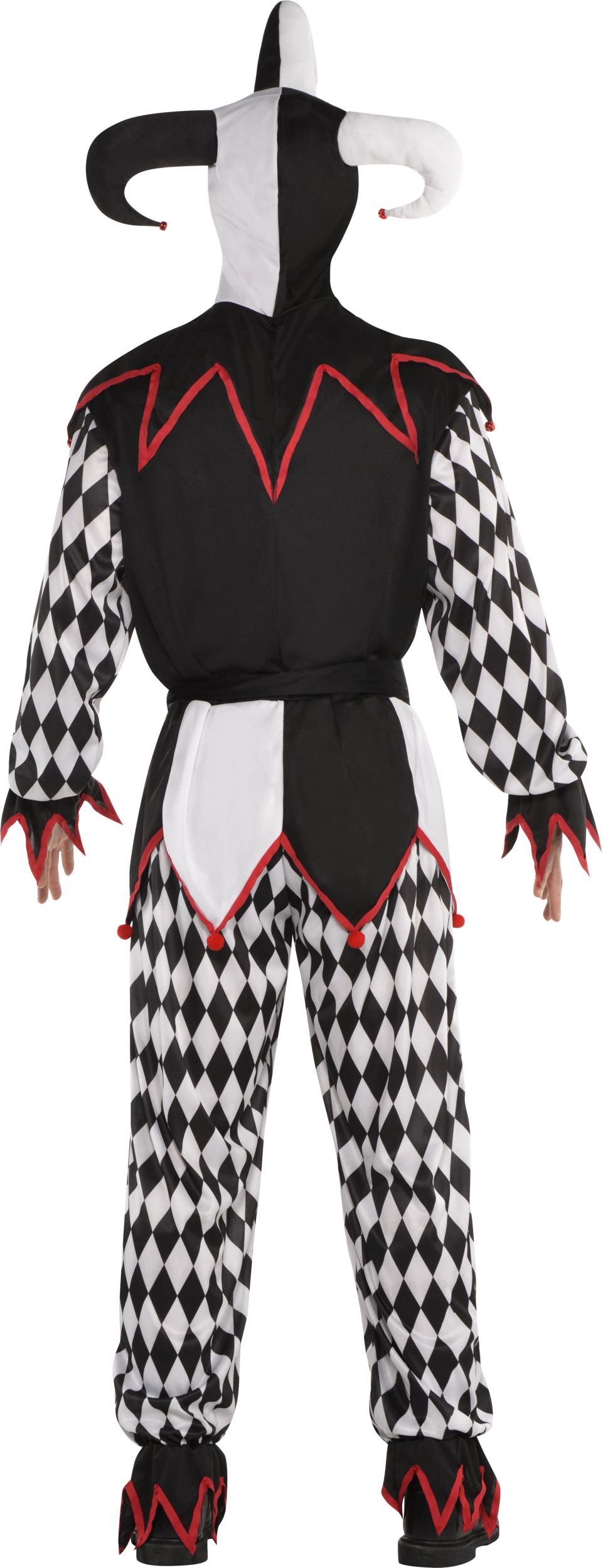 Men's Sinister Jester Black/White Tunic with Pants & Mask Halloween Costume, One Size Back_Flat