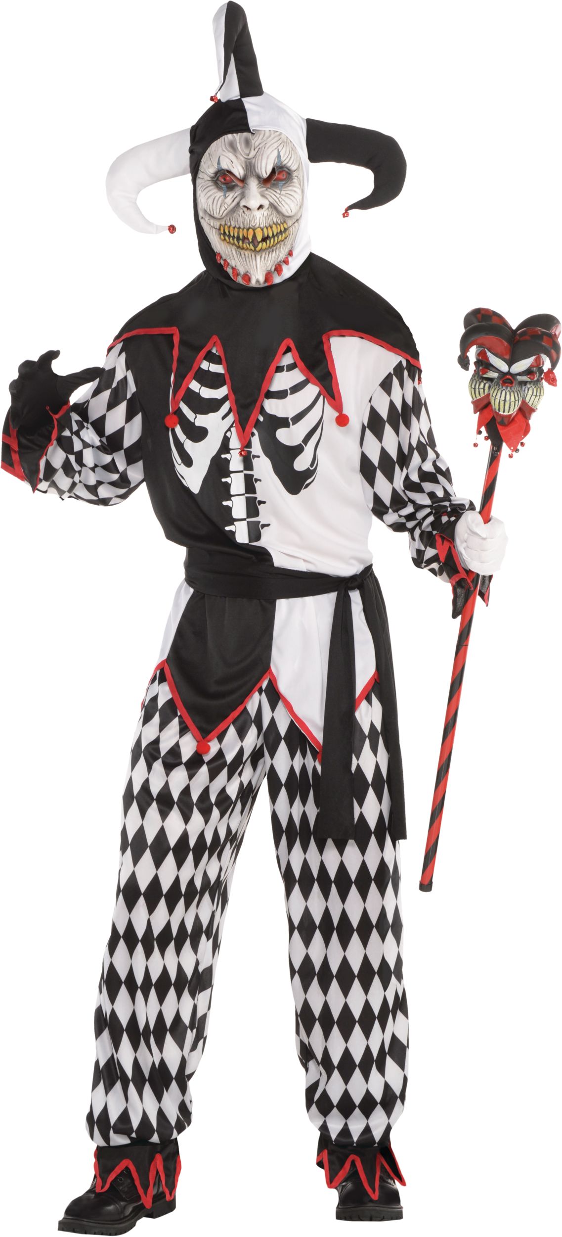 Men's Sinister Jester Black/White Tunic with Pants & Mask Halloween Costume, One Size Front_Flat