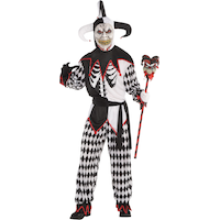 Men's Sinister Jester Black/White Tunic with Pants & Mask Halloween Costume, One Size Front_Flat