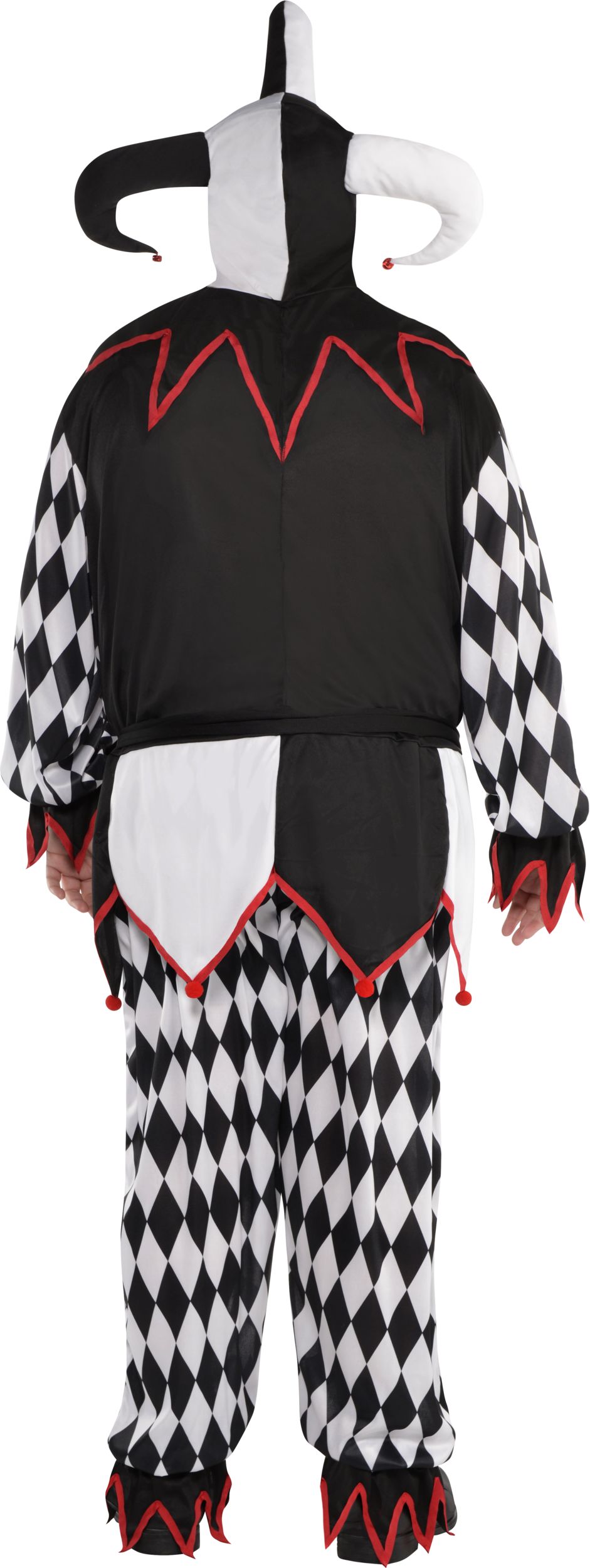 Men's Sinister Jester Black/White Tunic with Pants & Mask Halloween Costume, Plus Size Back_Flat