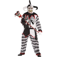Men's Sinister Jester Black/White Tunic with Pants & Mask Halloween Costume, Plus Size Front_Flat