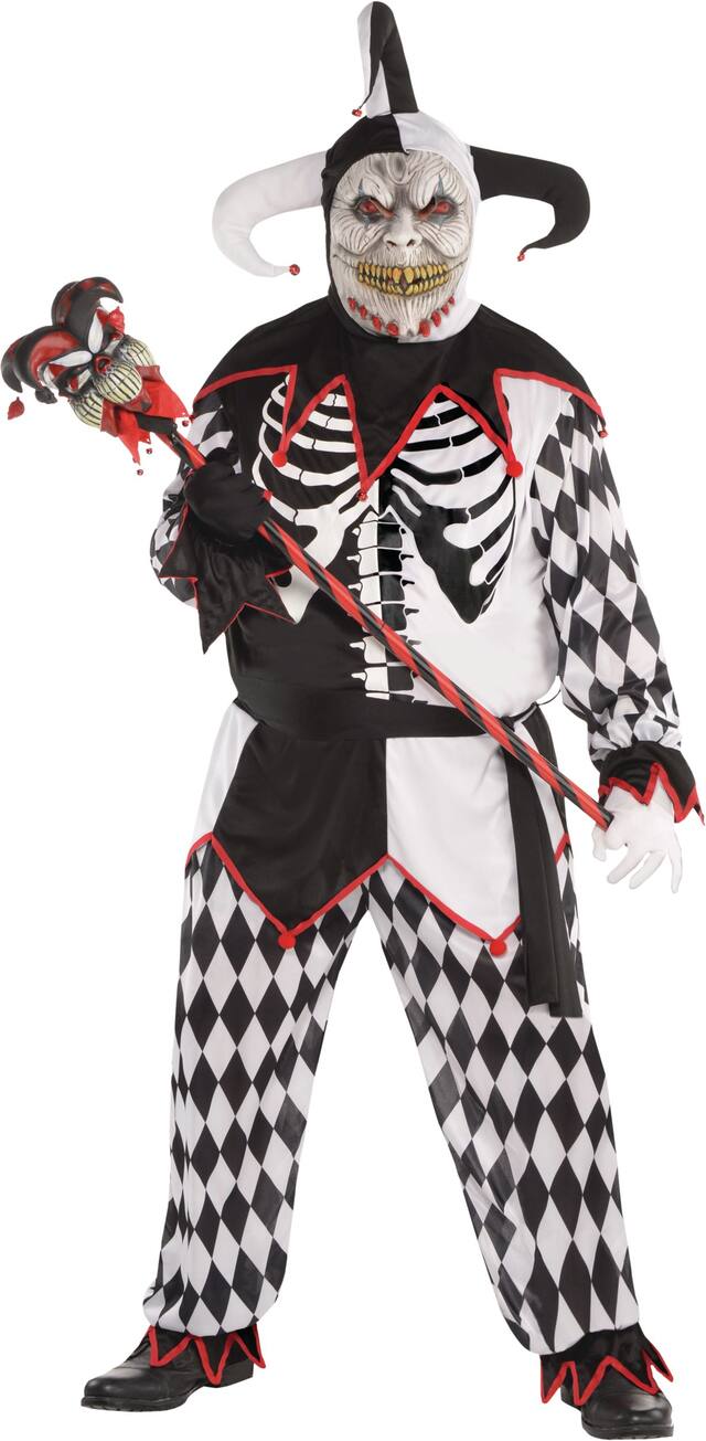 Men's Sinister Jester Black/White Tunic with Pants & Mask Halloween Costume, Plus Size Front_Flat