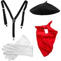Adult French Mime Kit with Beret Hat, Gloves, Suspenders & Bandana, Black/White/Red, One Size, 4-pk, Wearable Costume Accessories for Halloween Composite_or_Mixed