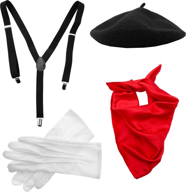 Adult French Mime Kit with Beret Hat, Gloves, Suspenders & Bandana, Black/White/Red, One Size, 4-pk, Wearable Costume Accessories for Halloween Composite_or_Mixed