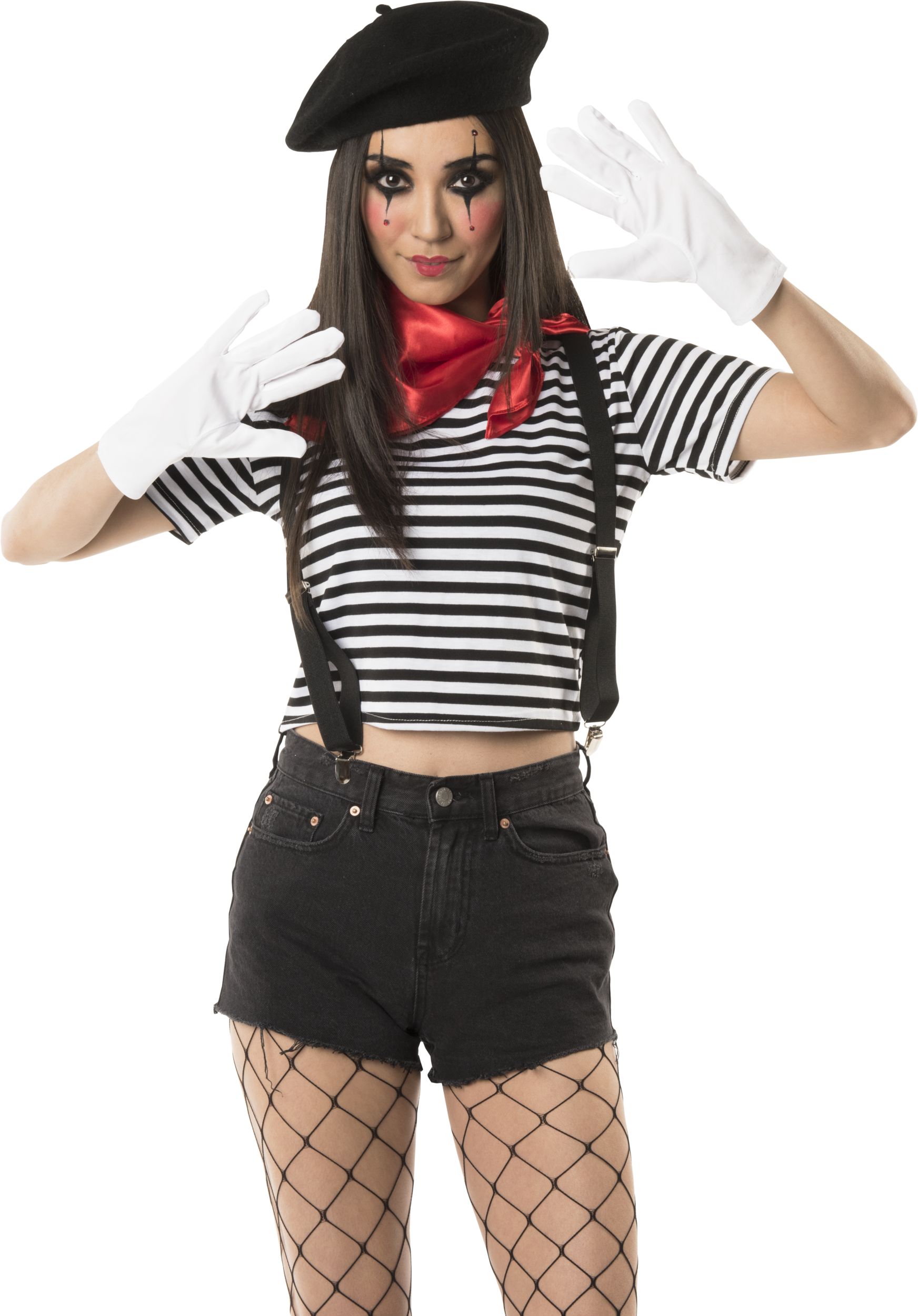 Adult French Mime Kit with Beret Hat, Gloves, Suspenders & Bandana, Black/White/Red, One Size, 4-pk, Wearable Costume Accessories for Halloween Composite_or_Mixed