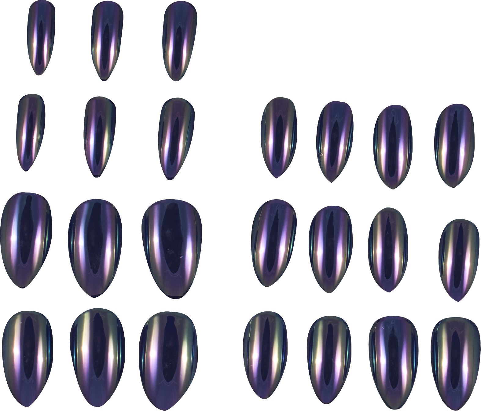 Faux ongles en acrylique à coller, forme d’amande pointue, chrome violet, taille unique, paq. 24, accessoires de costume à porter pour l'Halloween Front_Flat