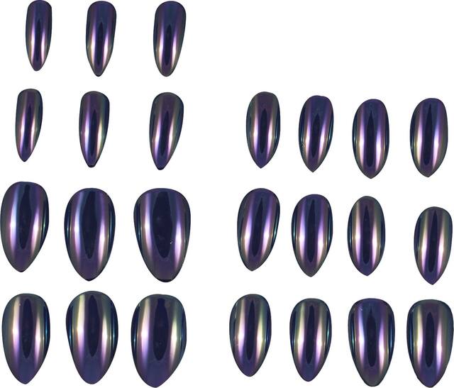False Press On Acrylic Almond Pointy Nails, Purple Chrome, One Size, 24-pk, Wearable Costume Accessories for Halloween Front_Flat