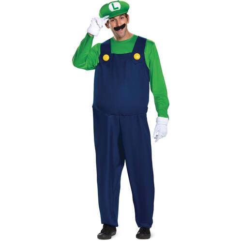 Adult Nintendo Super Mario Bros Luigi Green Jumpsuit Halloween Costume with Hat/Gloves/Moustache, Assorted Sizes