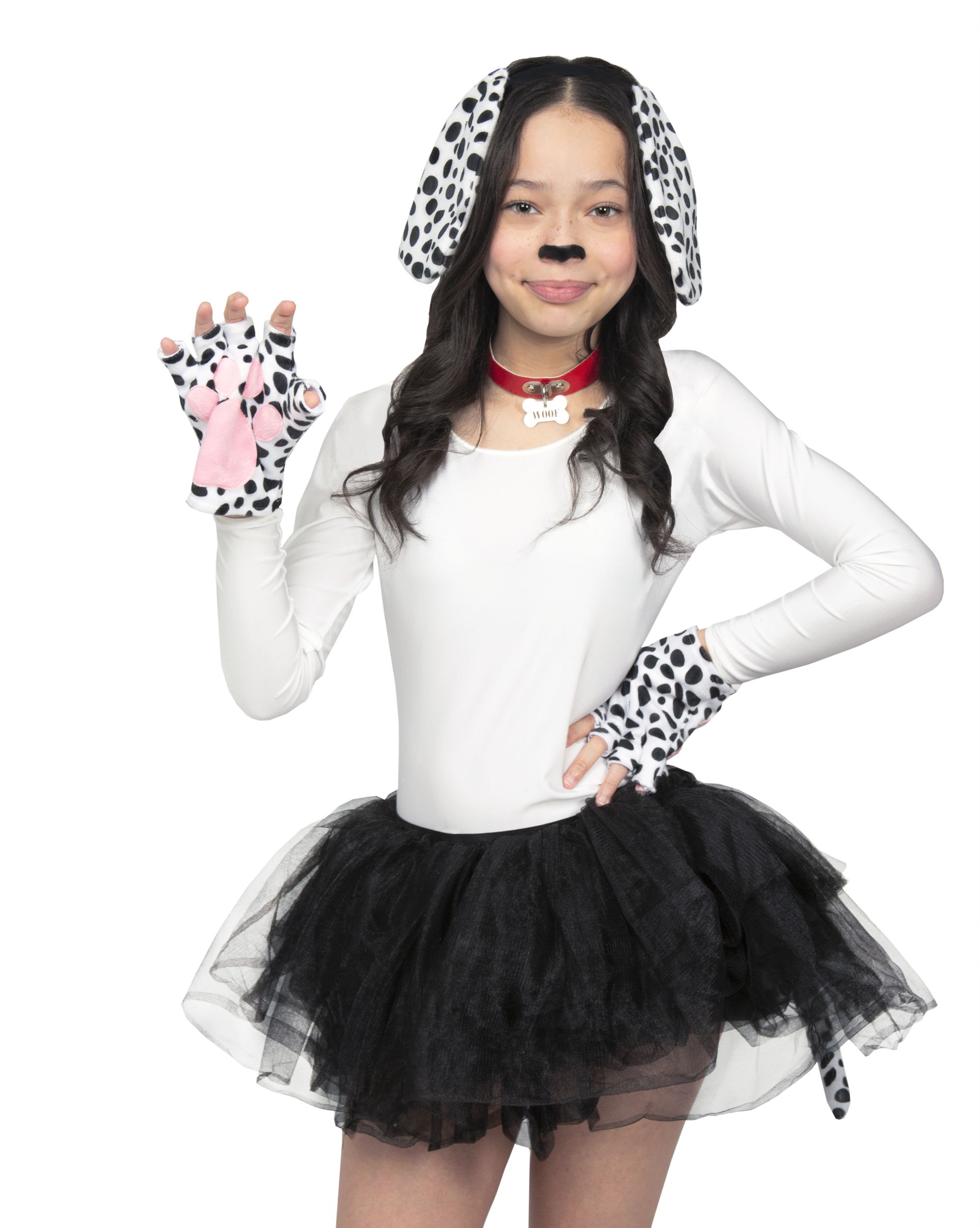 Kids Dalmatian Dog Kit with Headband Collar Tail Glovelettes Black White One Size 4 pk Wearable Costume Accessories for Halloween