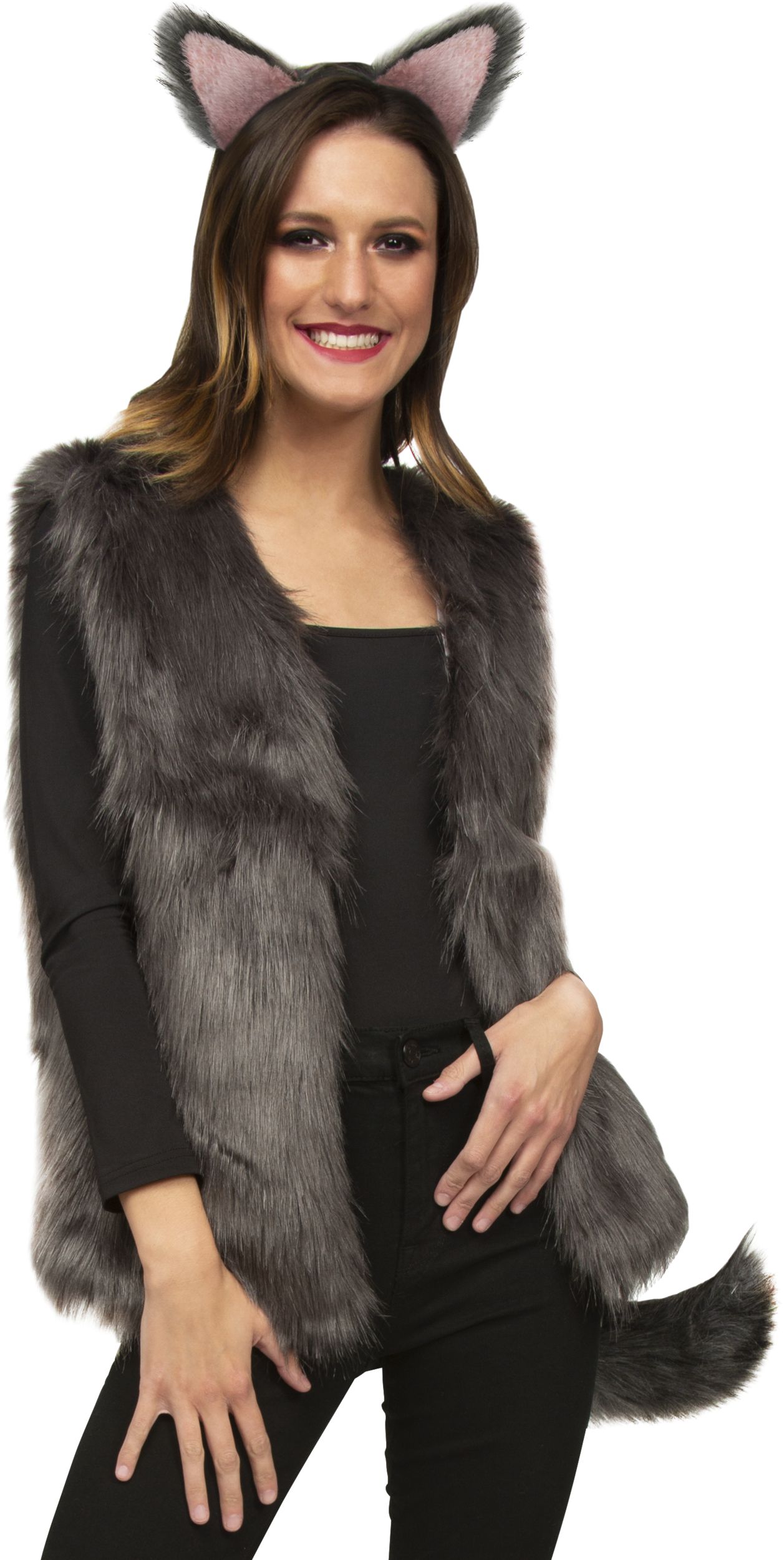 Furry Wolf Tail & Ears Headband, Grey, One Size, 2-pk, Wearable Costume Accessories for Halloween Front_Angled_Right