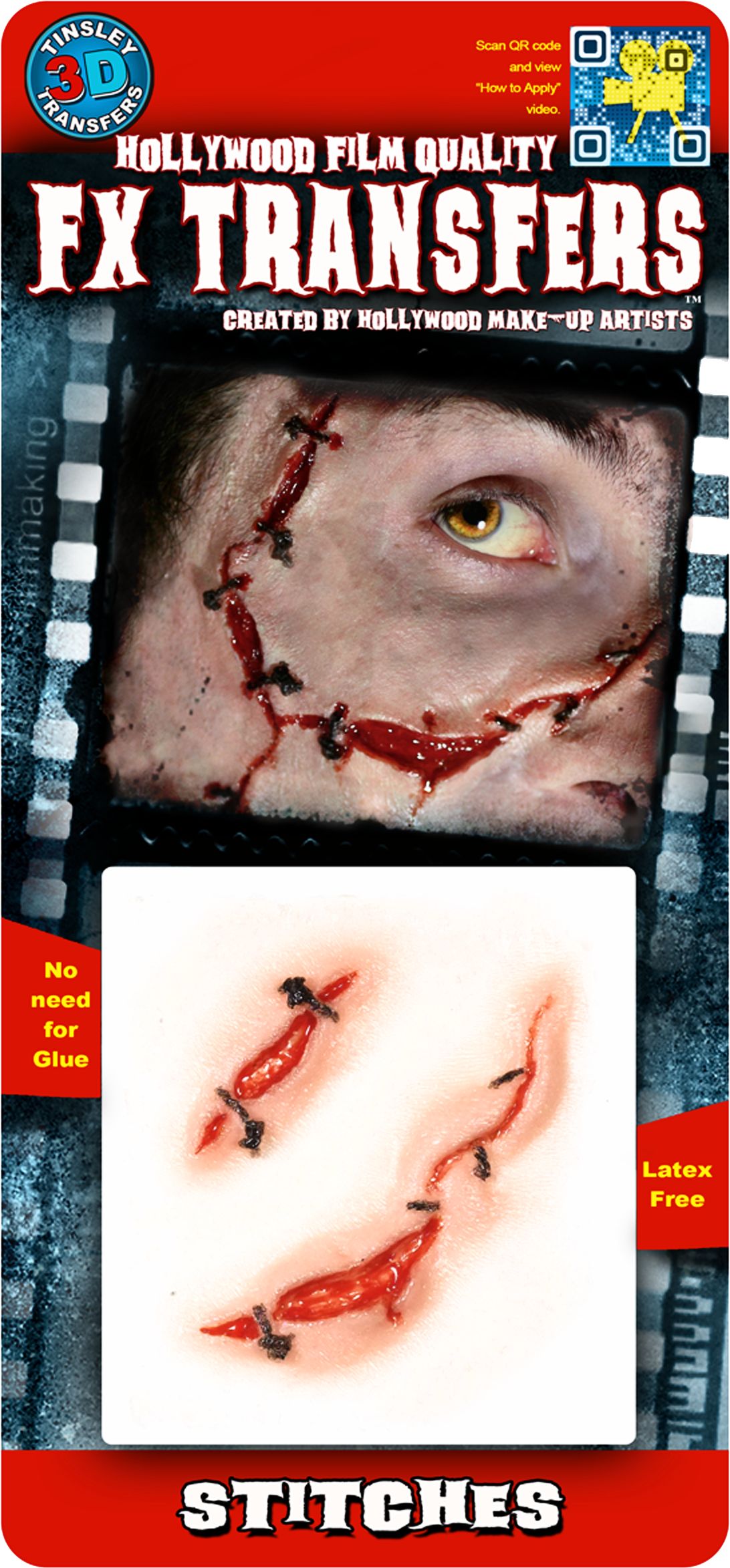 Tinsley Transfers Fake Stitches Wound Prosthetics, Red, One Size, 2-pk, Wearable Costume Accessories for Halloween Front_Flat